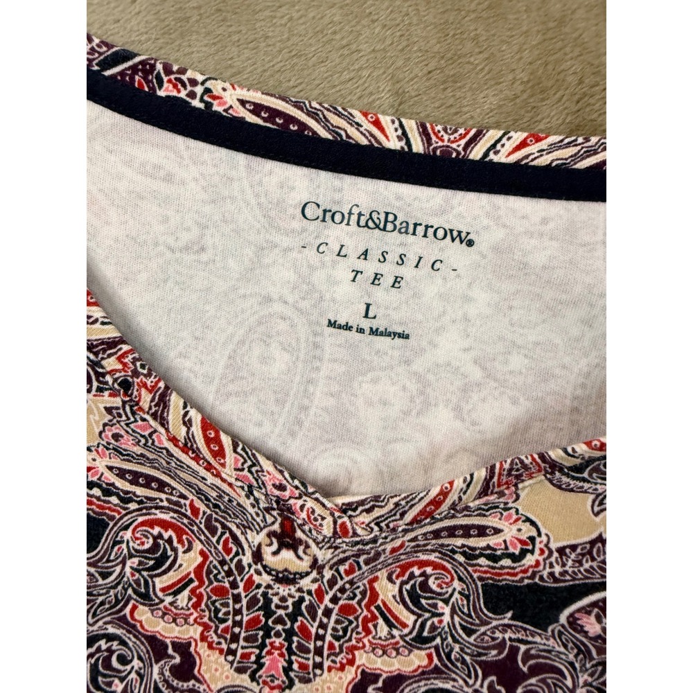 Croft & Barrow Classic Tee Womens Large L V-Neck Long Sleeve Paisley Cotton Navy - Picture 3 of 5